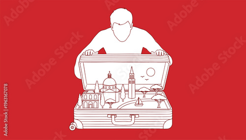 Travel Imagination Concept with Miniature World Inside Suitcase Representing Wanderlust and Destination Experience Illustration