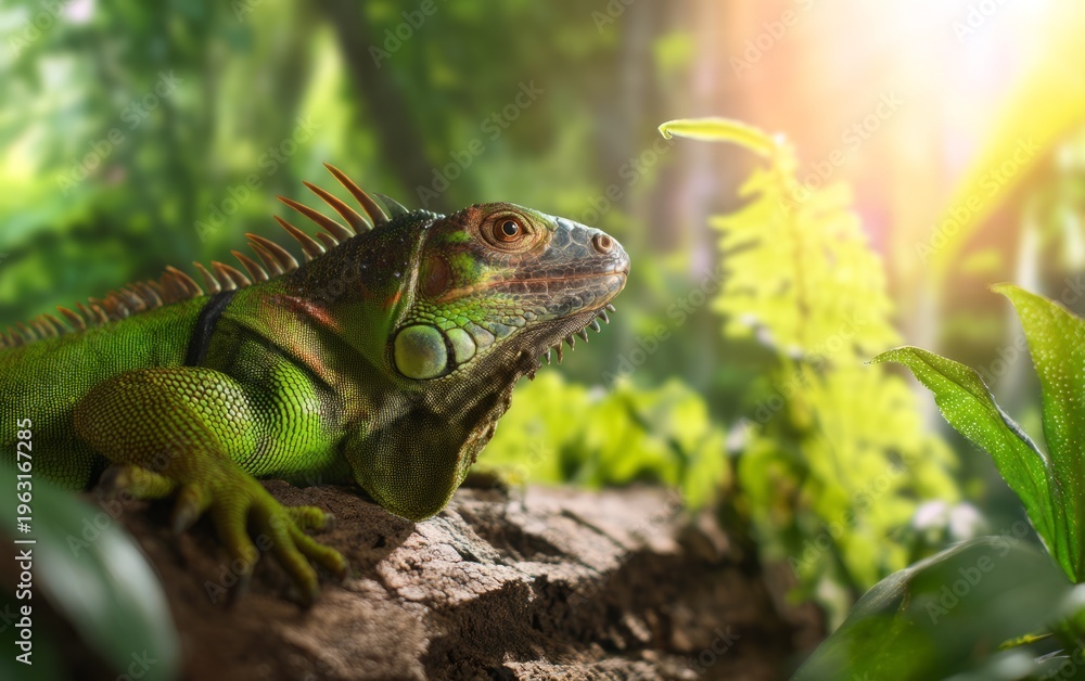 Fototapeta premium Realistic Iguana Perched on Tropical Tree with Lush Green Background