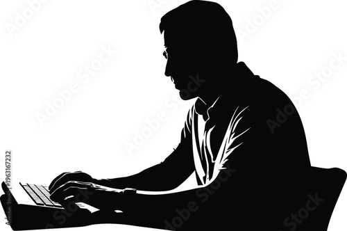 Silhouette person sitting with laptop typing, modern work posture, remote office, online learning, digital communication vector illustration design
