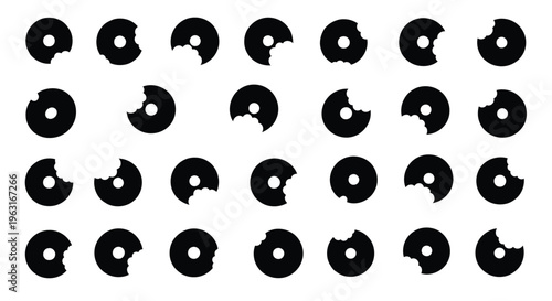 Abstract geometric patterns of crescent and circular black shapes on a white background