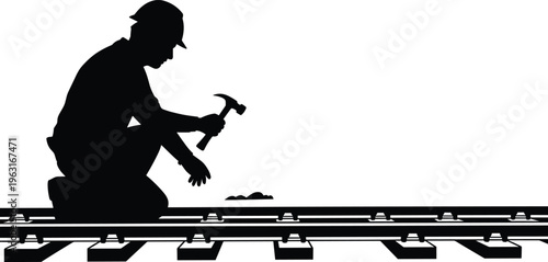 Silhouette railway worker kneeling with hammer repairing track, hard hat safety gear, manual labor transportation infrastructure vector illustration design