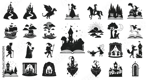 Mythical creatures and medieval symbols in black and white silhouettes