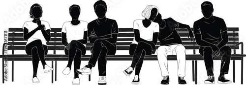 Stylized black and white vector illustration of six diverse people sitting together on a bench in casual relaxed social interaction scene