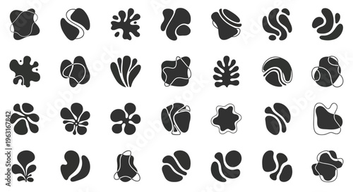 Abstract geometric patterns composed of interconnected black and white shapes resembling floral and organic designs