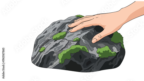 Hand Touching Mossy Rock - Nature Exploration & Environmental Concept
