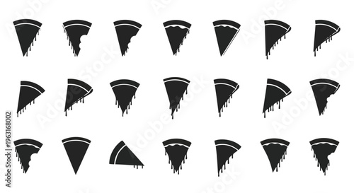 Collection of stylized black and white triangular shapes with varied internal lines and patterns