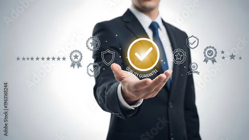 Businessman presenting good quality guarantee