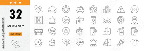 Emergency icons set representing urgent help, ambulance, alert, first aid, rescue and crisis situations. Editable Stroke.