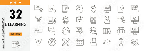 E-learning icons set representing online education, digital classes, training, courses, virtual learning and knowledge sharing . Editable Stroke.
