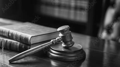 judge gavel and law books in monochrome courtroom setting