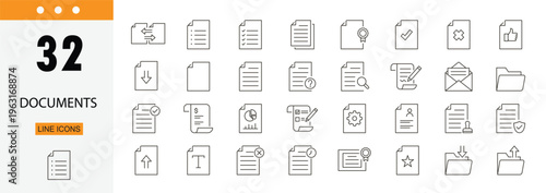 Documents icons set representing files, reports, paperwork, records, documentation, archive and office management. Editable Stroke.