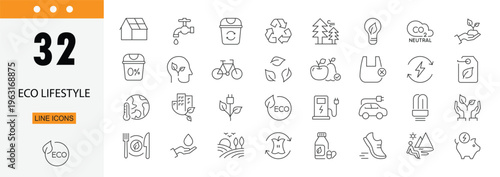 Eco lifestyle icons set representing green living, sustainability, recycling, eco habits, organic life and environmental awareness. Editable Stroke.