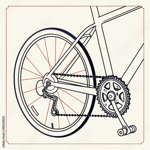 Line art illustration of a bicycle rear wheel and drivetrain mechanism