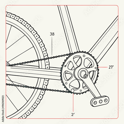 Bicycle drivetrain illustration with chainring and pedal crank