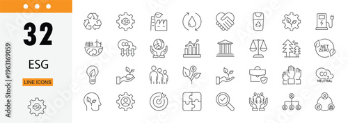 ESG icons set representing environmental, social and governance principles, sustainability, ethics, corporate responsibility, green practices and impact measurement. Editable Stroke.