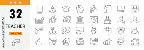 Teacher icons set representing education, classroom, teaching, learning, student interaction and academic activities. Editable Stroke.
