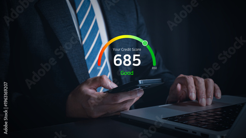 Schilderij op canvas Businessman checking good credit score on smartphone with laptop for personal fi
