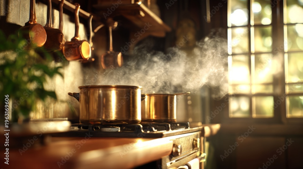 Fototapeta premium Cozy Traditional Kitchen with Steam Rising from Pots on an Old Stove
