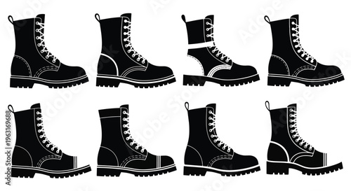 Collection of seven black combat boots with laces and chunky soles in various positions on a plain surface
