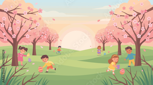 Happy multiethnic kids on an Easter egg hunt in a beautiful spring park with blooming cherry blossoms at sunrise. Joyful illustration for seasonal greetings and family events.