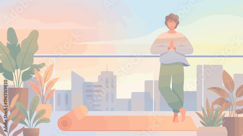 A person practices yoga on a city balcony at sunrise. This serene illustration is perfect for wellness, mindfulness, and healthy urban lifestyle concepts.