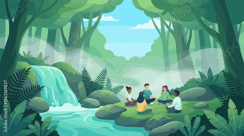 A diverse group of people meditating in a tranquil forest by a waterfall. Concept for wellness, mindfulness, mental health, nature retreat, and team building. Vector illustration.