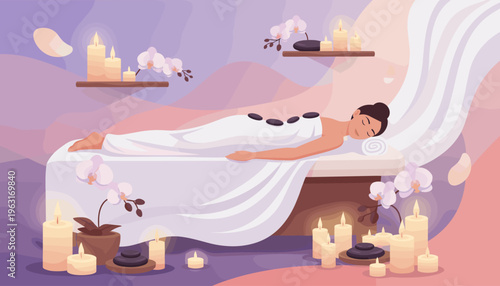 Illustration of a relaxed woman getting a hot stone massage in a serene spa. Surrounded by candles and orchids, this image evokes tranquility. Ideal for wellness and beauty concepts.