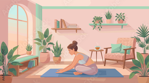 Woman practicing morning yoga for a healthy lifestyle. A calm, mindful routine at home in a cozy, sunlit interior with plants. Self-care vector illustration.