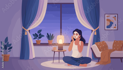 A woman relaxing at home with a skincare routine. She applies a face mask in her cozy living room at night. Concept of self-care, wellness, and beauty treatment.