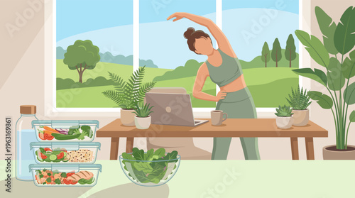 A woman stretches in her home office, balancing remote work with fitness. Prepared healthy meals and plants create a scene of wellness and mindful living. Flat vector illustration.