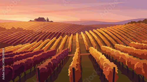 Vector illustration of a vineyard landscape on rolling hills at a warm autumn sunset. This idyllic scene is perfect for wine branding, travel, or seasonal designs.