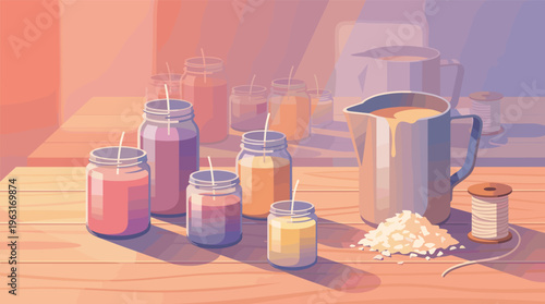 A warm vector illustration of a DIY candle making process. Features jars of colored wax, a pitcher, and wicks. Ideal for craft, hobby, and artisanal business themes.