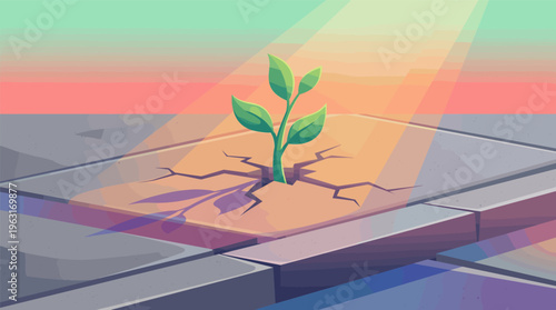 A green sprout grows through a crack in stone pavement, bathed in light. This illustration symbolizes hope, new life, growth, resilience, and overcoming adversity. Ideal for business.