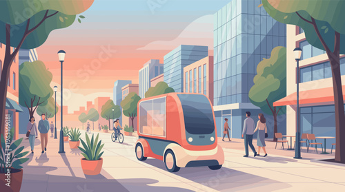 Vector illustration of a futuristic smart city with an autonomous electric shuttle. People walk on a green street at sunset. Concept for mobility, innovation, and sustainability.