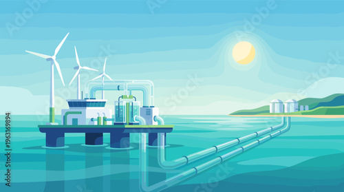 Offshore platform with wind turbines producing green hydrogen energy. Underwater pipelines transport fuel to a coastal storage facility. A concept for future sustainable technology.