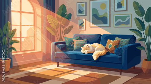 A fluffy cat sleeps peacefully on a blue sofa in a cozy, sunlit living room. This warm, tranquil illustration is perfect for home decor, pet care, or relaxation concepts.