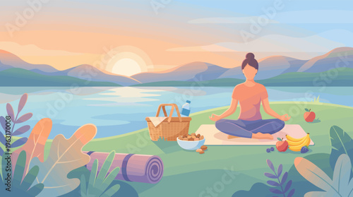 A woman meditates in a serene landscape by a lake at sunrise. A healthy picnic and yoga mat illustrate a balanced lifestyle, wellness, and mindfulness. Vector illustration.