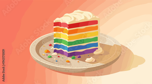 Vector illustration of a delicious rainbow cake slice with white frosting on a plate. Perfect for celebrating Pride, birthdays, and joyful events with a theme of diversity.