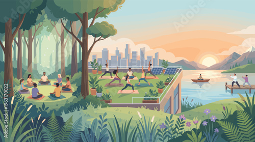 A diverse community practices yoga and meditation in a serene landscape blending lush nature with a futuristic green city. Ideal for wellness, sustainability, and lifestyle concepts.