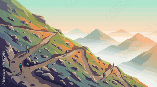 A group of hikers with backpacks climbs a winding mountain trail. A scenic landscape illustration representing adventure, journey, and achieving goals. Calm, inspiring mood.