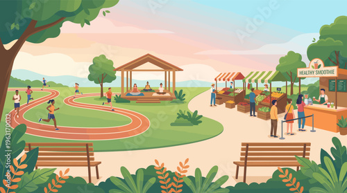 Diverse people enjoy a healthy lifestyle in a park. Runners on a track, yoga class, and a local market with fresh food and smoothies. Ideal for wellness and community themes.