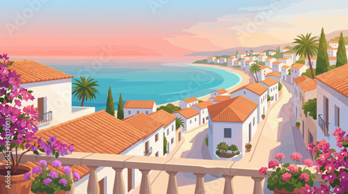 Vector illustration of a scenic Mediterranean coastal town at sunset. Idyllic view of white houses, terracotta roofs, and the sea, perfect for travel and vacation themes.