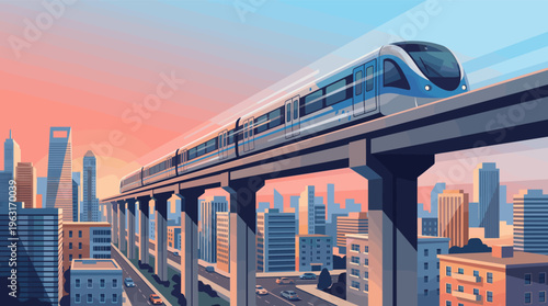A futuristic monorail train on an elevated railway against a modern city skyline at sunset. This vector illustration depicts smart transportation, urban infrastructure, and progress.