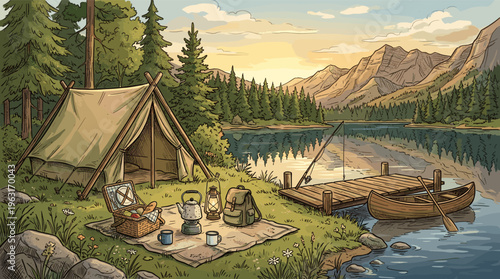 A serene illustrated campsite by a mountain lake. A tent, picnic, and boat create a peaceful scene for travel, adventure, and outdoor lifestyle concepts.