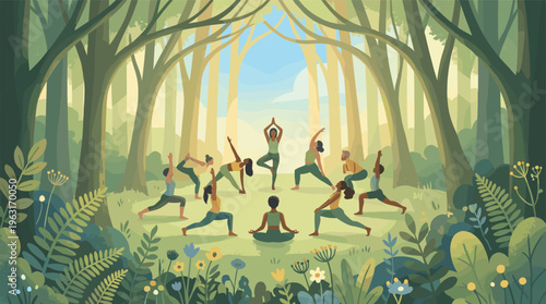 A diverse group of people practicing yoga together in a serene forest. This peaceful illustration represents wellness, community, mindfulness, and connecting with nature.
