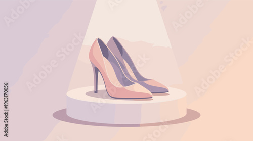 Elegant vector illustration of pink high heel shoes on a display pedestal under a spotlight. Perfect for fashion, retail, beauty, and luxury lifestyle concepts. Chic and feminine.