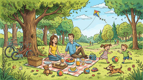 A charming cartoon of a happy family enjoying a picnic. Parents relax on a blanket while kids play with a dog and fly a kite. Perfect for family, leisure, or summer themes.