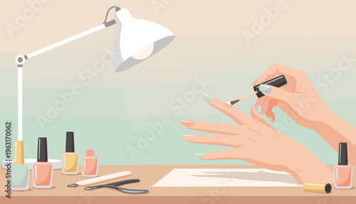 A vector illustration of a home manicure. A woman's hands paint nails with pastel polish under a lamp. This represents beauty, self-care, and wellness. Ideal for web and print.