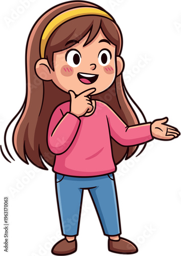 Cute Cartoon Girl Character in Pink Shirt and Blue Jeans with Hand Gesture for Child-Friendly Illustrations