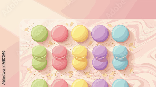 Colorful assortment of pastel French macarons from above. A sweet, delightful vector illustration for bakery menus, party invitations, or food backgrounds.